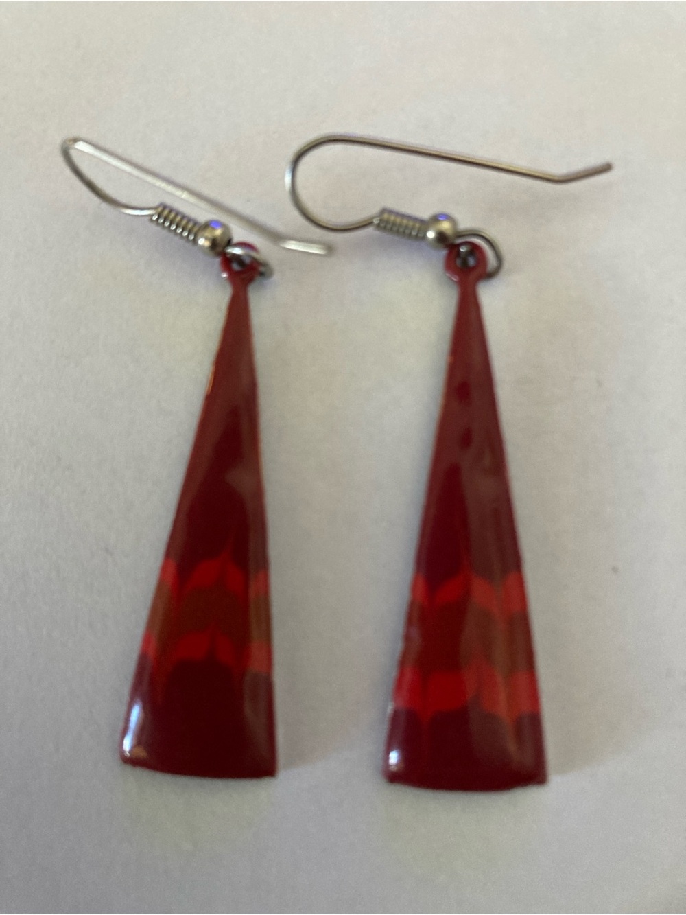 Vintage 80s Signed Pisces Red Enamel Geometric Dangle Earrings Art Deco Revival